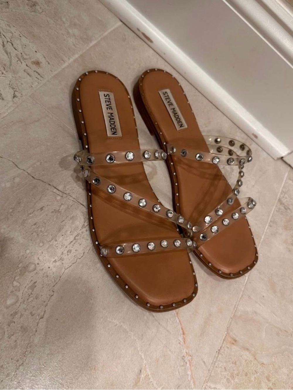Steve Madden Brown Clear-Strap Jeweled Slide Sandals